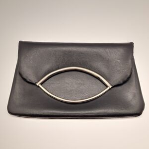 Vintage Black Leather Envelope Clutch with metal Silver Handle